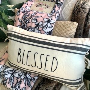 NWT! Rae Dunn “Blessed” Black Embroidered Tie Accent Pillow